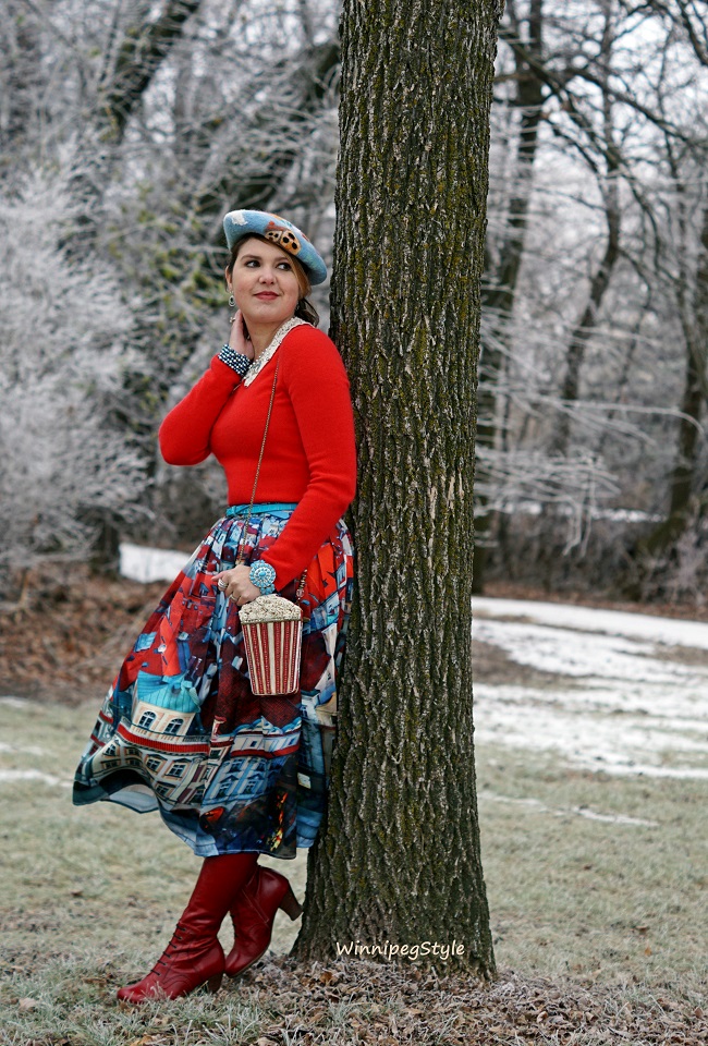 Winnipeg Style, fashion stylist, consultant, Chicwish house panoramic red and blue houses, Mary Frances novelty popcorn bucket handbag, Lord & Taylor bright red cashmere sweater, Etsy handmade Disney inspired Up balloon house hat, John Fluevog red leather Zinka operetta boots
